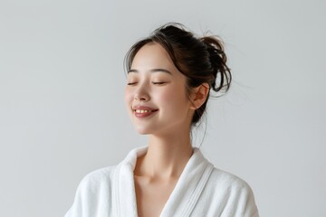 Fototapeta premium **beautiful young asian woman with clean fresh skin on white background, spa and beauty concept, smiling model in bathrobe isolated on white studio background copy space banner mockup**