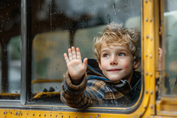 Joyful child gets to school in morning on school bus. Boy waving to his mom from yellow bus window. Back to school concept