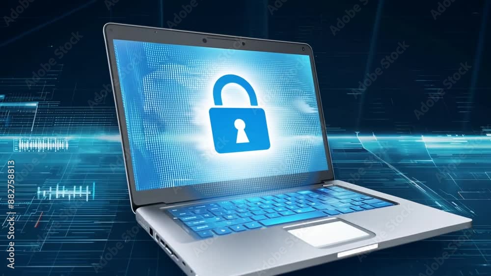 Poster laptop screen lock with padlock icon generative ai