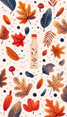 A bottle with leaves and acorns on a white background with dots.  Autumn leaves, acorns, and mushrooms.
