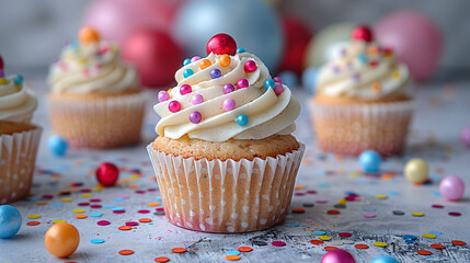 A close-up of a cupcake with white frosting adorned with vibrant round sprinkles. The scene is festive with a soft focus on other cupcakes and decorative elements