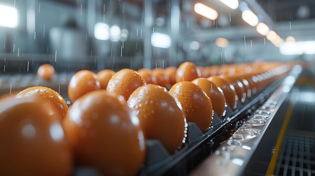 egg size sorting process, chicken egg factory, conveyor belt, photo realistic, high detail, efficient production line