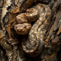 Fototapeta premium Massive Python Coiled Around Textured Tree Trunk Blending Seamlessly