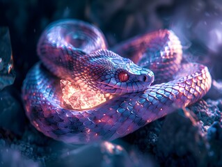 Mesmerizing Serpent Coiled Around Glowing Crystal in Mystical Cave Sanctuary