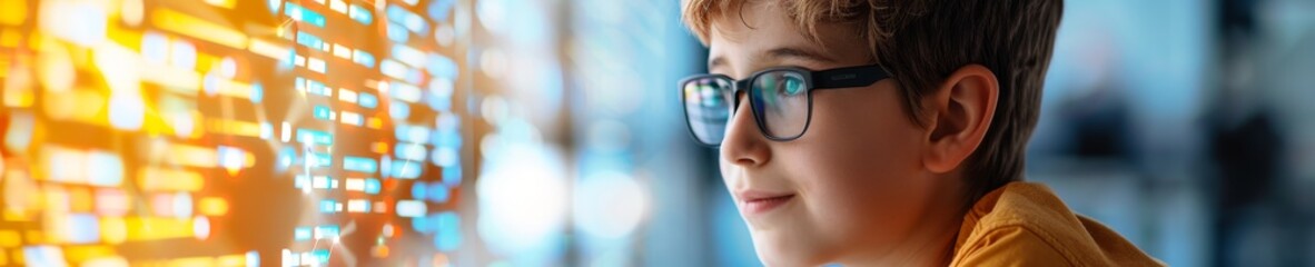 young boy looking at digital data, technology, innovation, and future concept.