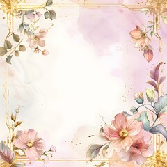 Watercolor Floral Frame with Gold Clip Arts on Soft Pastel Pink Background