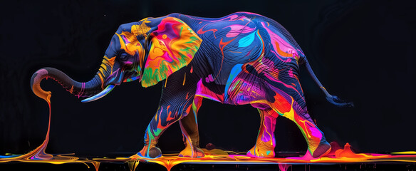 Colorful psychedelic neon painting of melting wild Elephant,blac