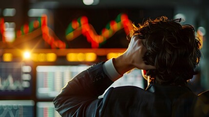 Obraz premium Stress and Worry: An Investor's Moment of Financial Crisis Amidst Market Data Dive