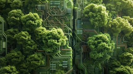 trees are growing in from circuit boards, Generative AI, clean energy, renewable energy, green technology, sustainable design