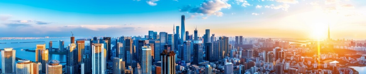 modern city skyline at sunset with blue sky and water in the background.