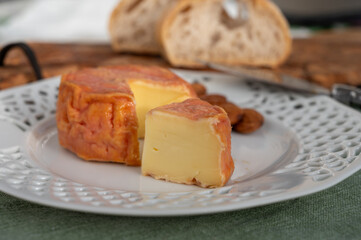 Rond des Vignes washed-rind cheese with.ivory-orange rind, strong nose with aromas, French soft...