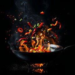 Flame Engulfed Wok: Captivating Culinary Experience of Asian Stir-Fry