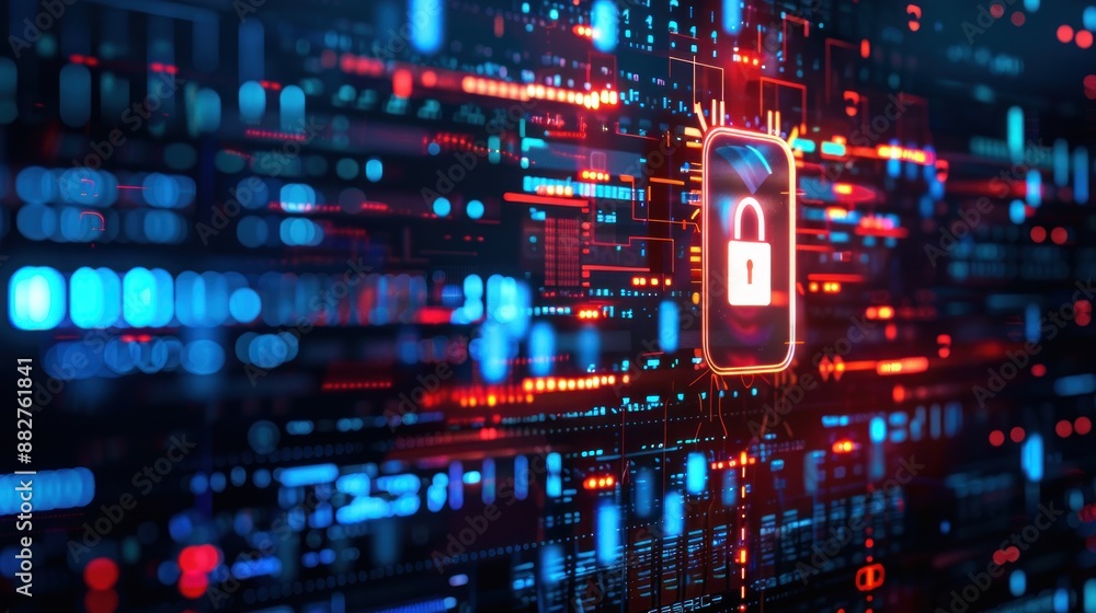 Poster glowing red and blue circuit board with a glowing lock icon in the center