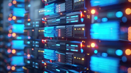 Naklejka premium Server Room with Blue and Red Lights
