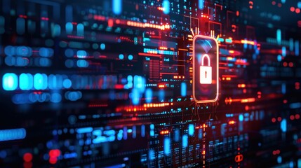 Obraz premium Glowing red and blue circuit board with a glowing lock icon in the center