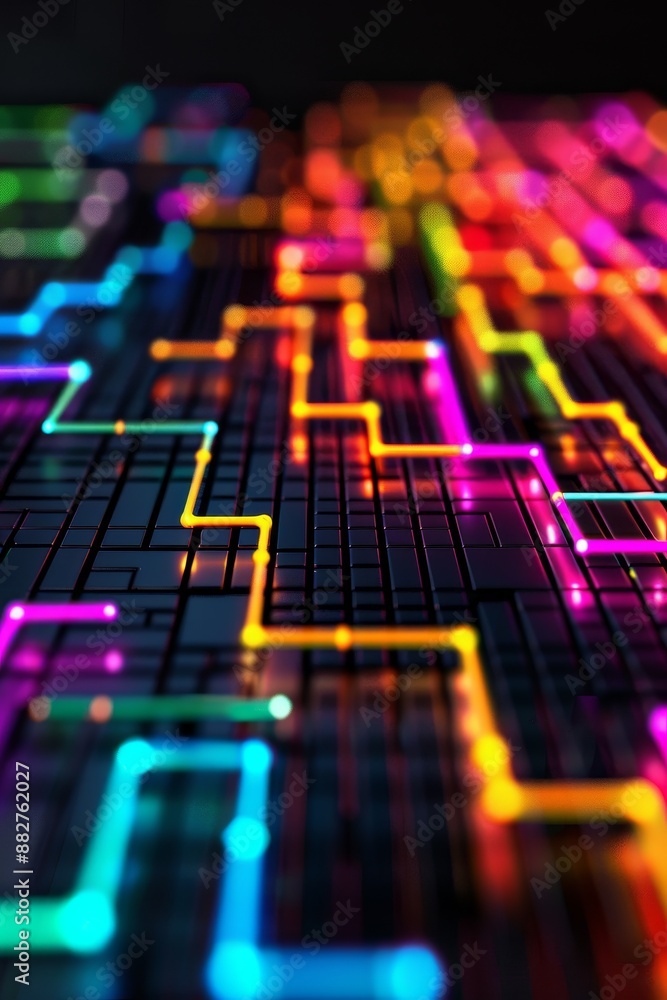 Poster abstract neon lines and grid pattern - digital art.