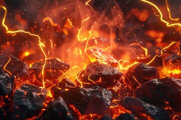A fiery scene with a large amount of lava and rocks