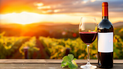 A blank label red wine bottle, wine glass elegantly arranged on a rustic table, set against a lush vineyard backdrop. Copy space.