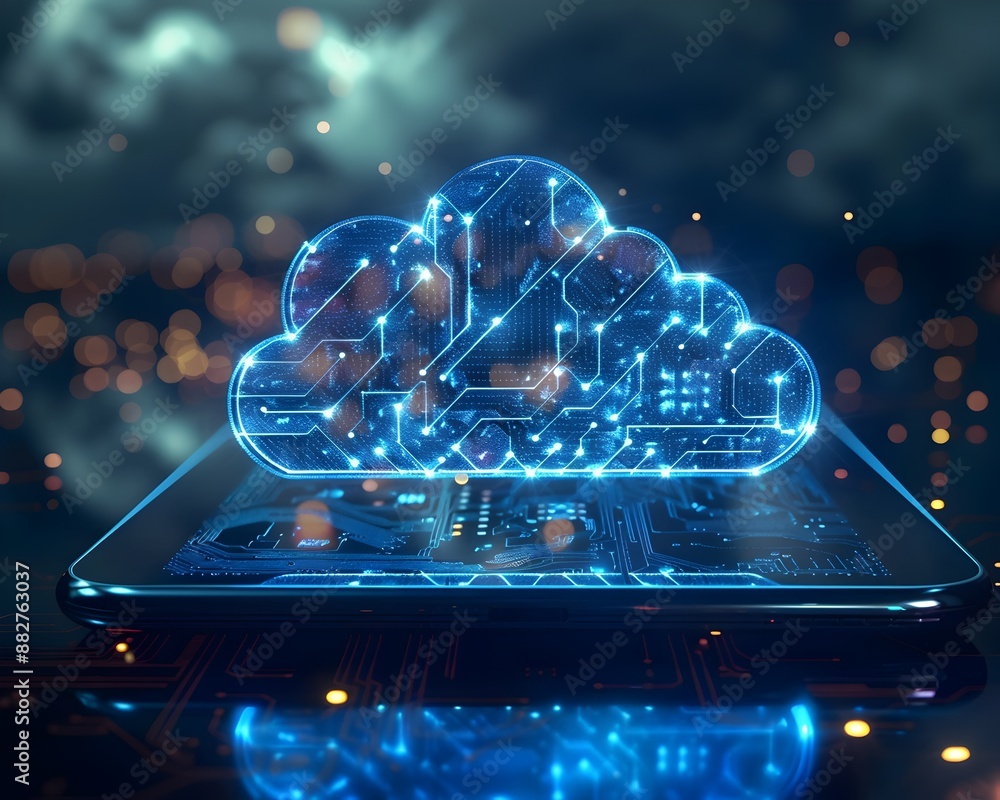 Aufkleber glowing circuitry cloud icon hovering above digital tablet mobile cloud access concept