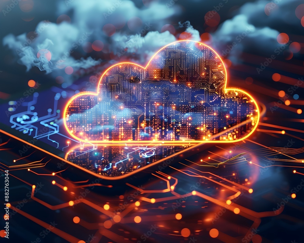 Poster glowing circuitry cloud icon hovering above digital tablet symbolizing mobile cloud access and compu
