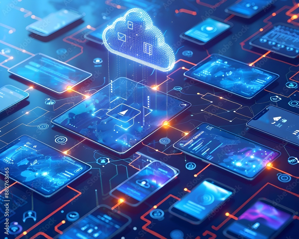 Poster central digital cloud connecting multiple devices for cloud computing concept