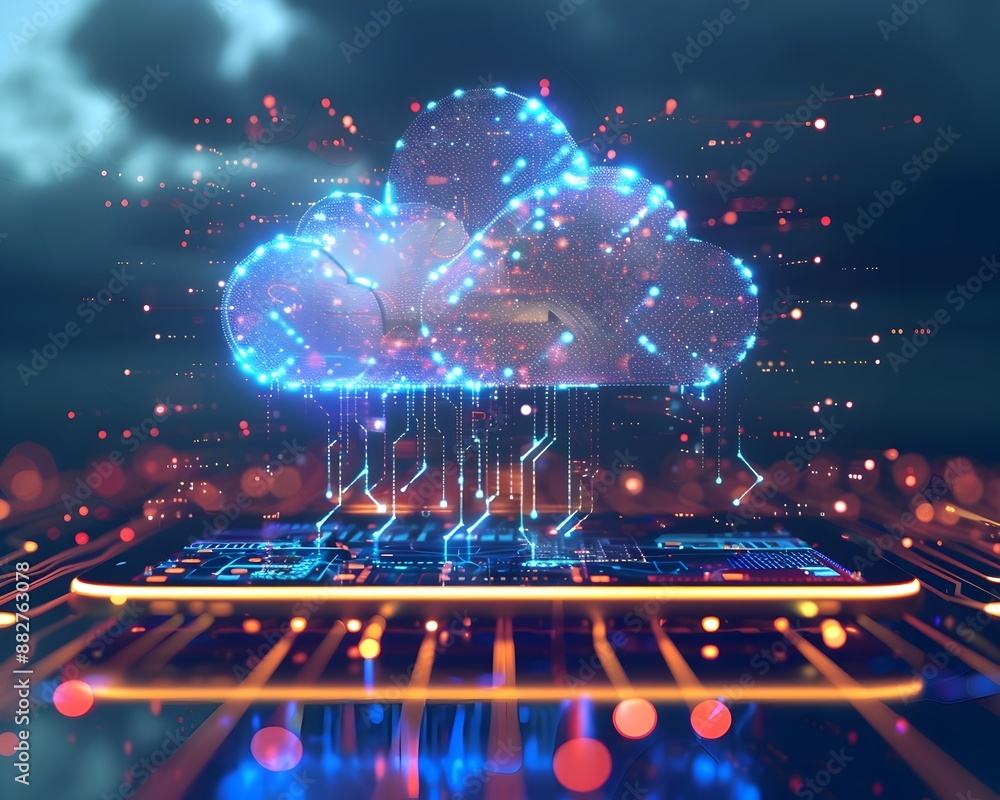 Aufkleber glowing circuitry cloud hovering above digital tablet mobile cloud computing concept