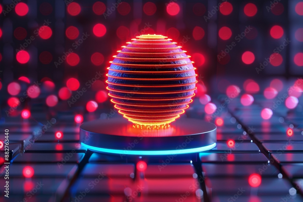Poster abstract 3d sphere with neon lights on a grid - cyberpunk style.