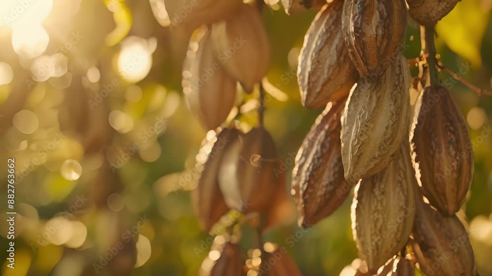Aufkleber a group of cacao beans hanging on strings swaying gently in the breeze as they dry on a sunny day.