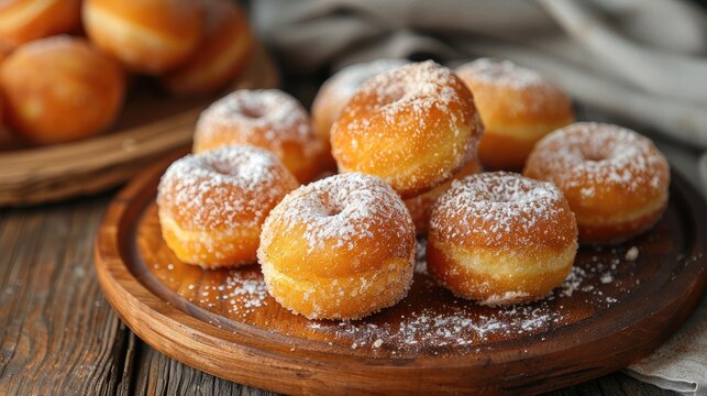 Homemade mini donuts with powdered sugar on wooden plate