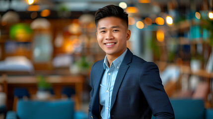 Fototapeta premium Friendly Asian salesman showcasing latest furniture collections. Business, customer service concept.