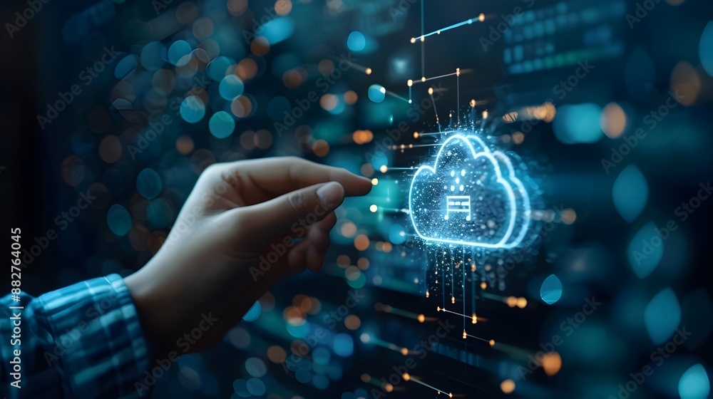 Poster businessman interacting with holographic cloud computing interface with data streams and icons