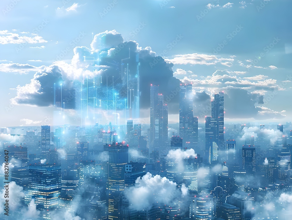 Poster futuristic skyline with hovering digital clouds representing advanced cloud computing infrastructure
