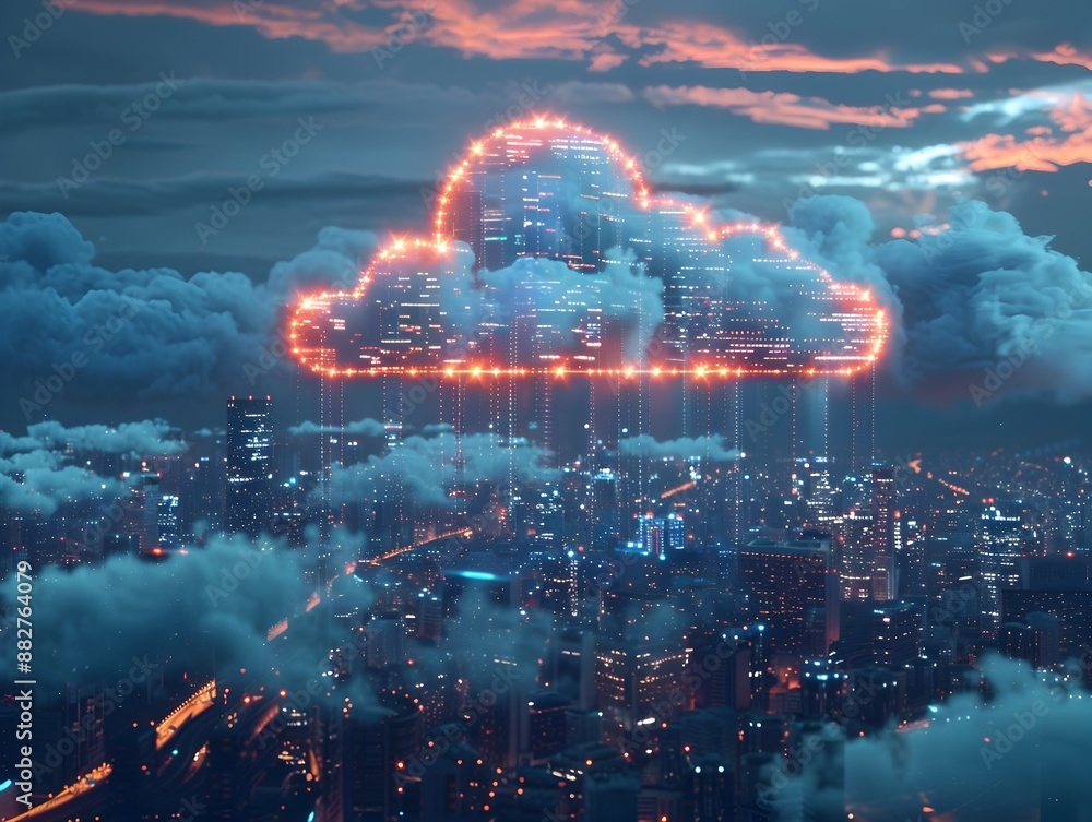 Poster futuristic cityscape with glowing digital clouds representing advanced cloud computing infrastructur