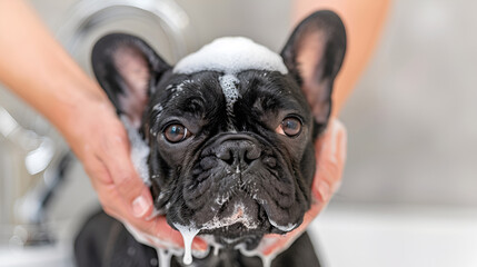 Female hands washing a cute black French bulldog at a well lit modern grooming salon, emphasizing hygiene and professional pet care.