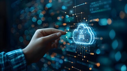 Businessman Interacting with Holographic Cloud Computing Interface with Data Streams and Icons