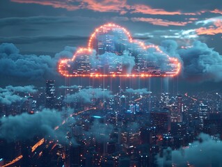 Futuristic Cityscape with Glowing Digital Clouds Representing Advanced Cloud Computing Infrastructure
