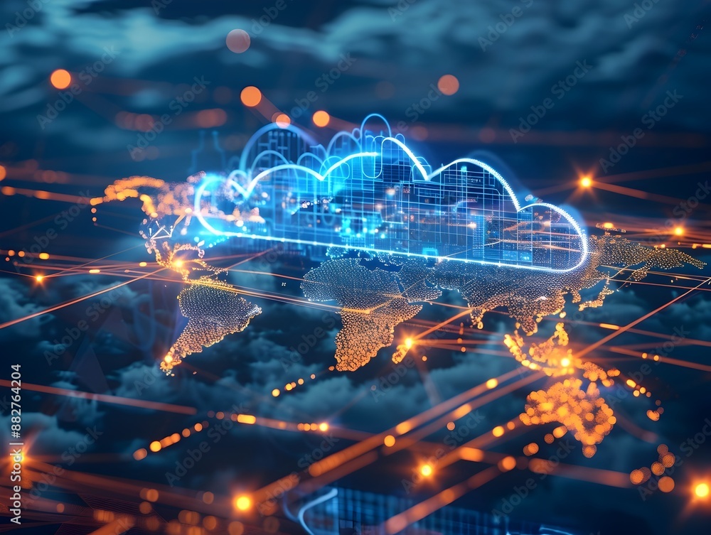 Poster global digital cloud network highlighting interconnected cloud computing technology