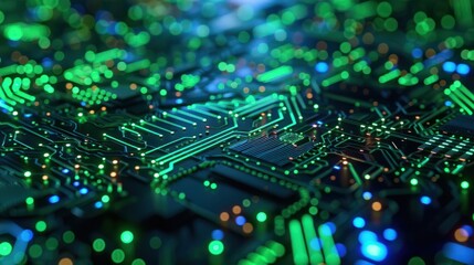Obraz premium A digital circuit board with glowing green and blue lights. The board looks like it's made of small squares and dots.