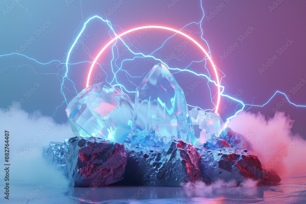 Poster a stack of ice cubes with a purple background and a lightning bolt in the middle