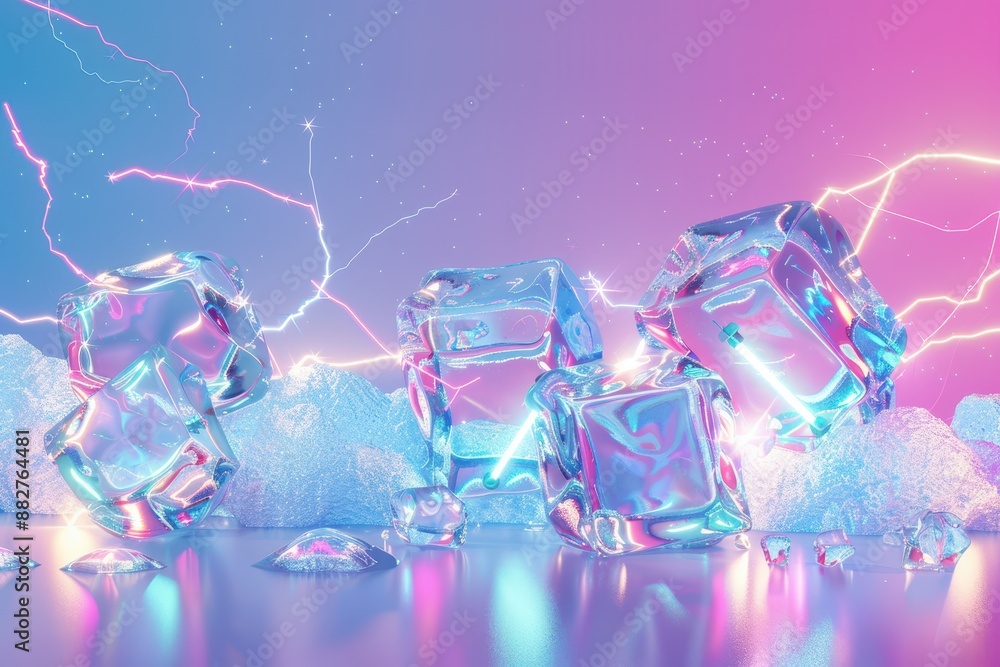 Poster a stack of ice cubes with a purple background and a lightning bolt in the middle