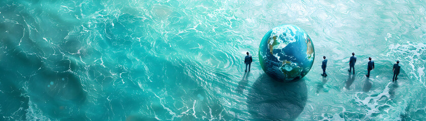 Fototapeta premium Global Business Strategy Discussion: Photo Realistic People with Earth Flowcharts on Whimsical Background Photo Stock Concept Offering Ample Graphics Space for Global Awareness