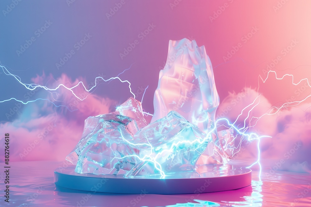 Poster a stack of ice cubes with a purple background and a lightning bolt in the middle