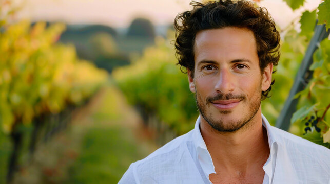 Young Italian man with long hair in white shirt, the vineyard owner, stands proudly in his vineyard, surrounded by the thriving grapevines he has nurtured. Copy space.
