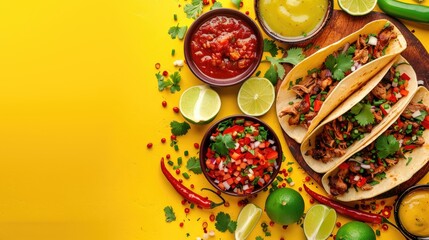 Fototapeta premium Top view of traditional mexican tacos with meat, vegetables and sauces on yellow background.