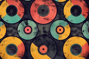 Fototapeta premium Vintage background with a seamless pattern of vinyl records in retro colors, suitable for music-themed designs and projects. The image showcases an array of colorful vinyl record sleeves arranged in s