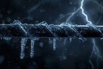 A wire is covered in ice and snow, with a lightning bolt in the middle