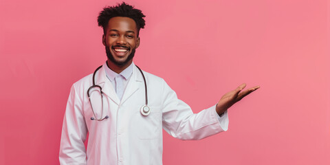 Smiling doctor presenting with open hand pink background healthcare concept