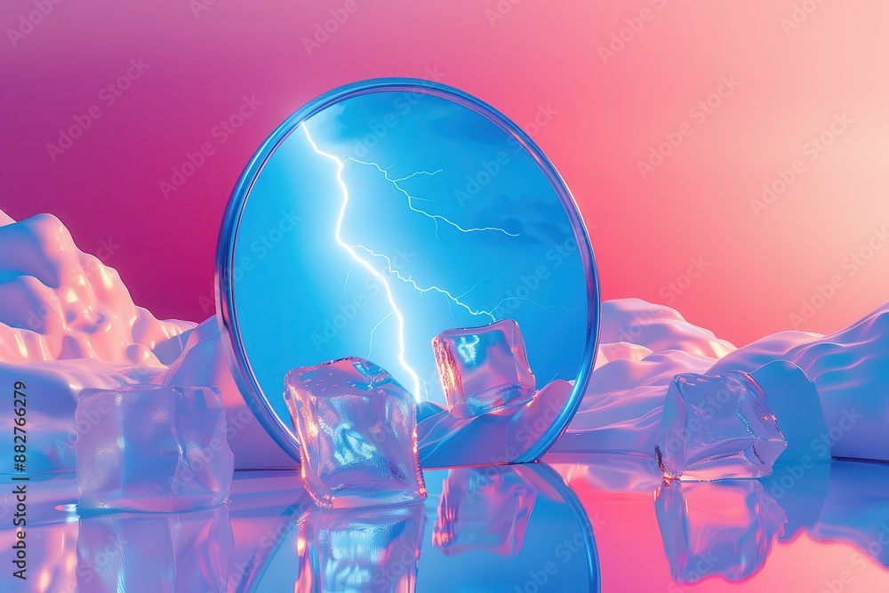 Poster a reflection of a storm in a mirror with ice and rocks