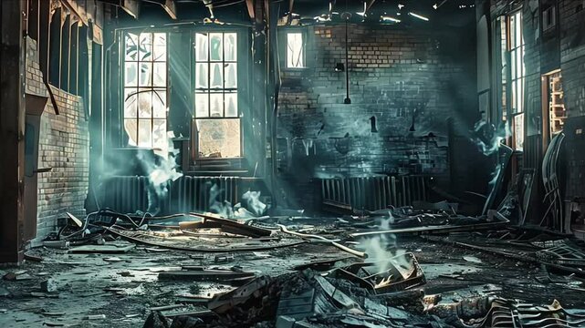 Burnt room interior with walls, furniture and floor in ash and coal, ruined building after fire