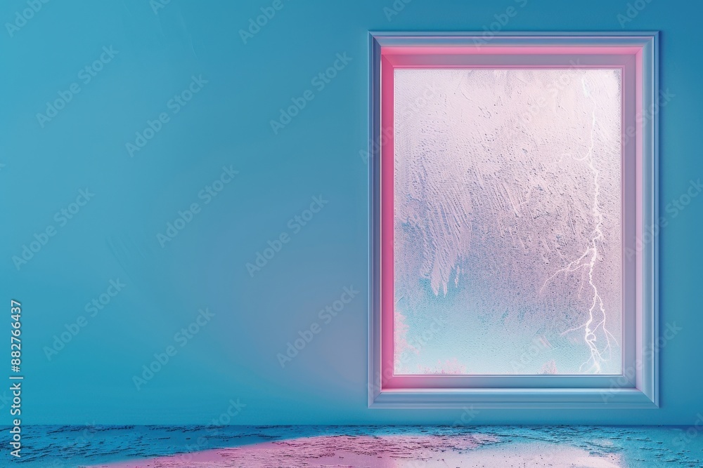 Poster A window with a pink frame and a frosty window pane